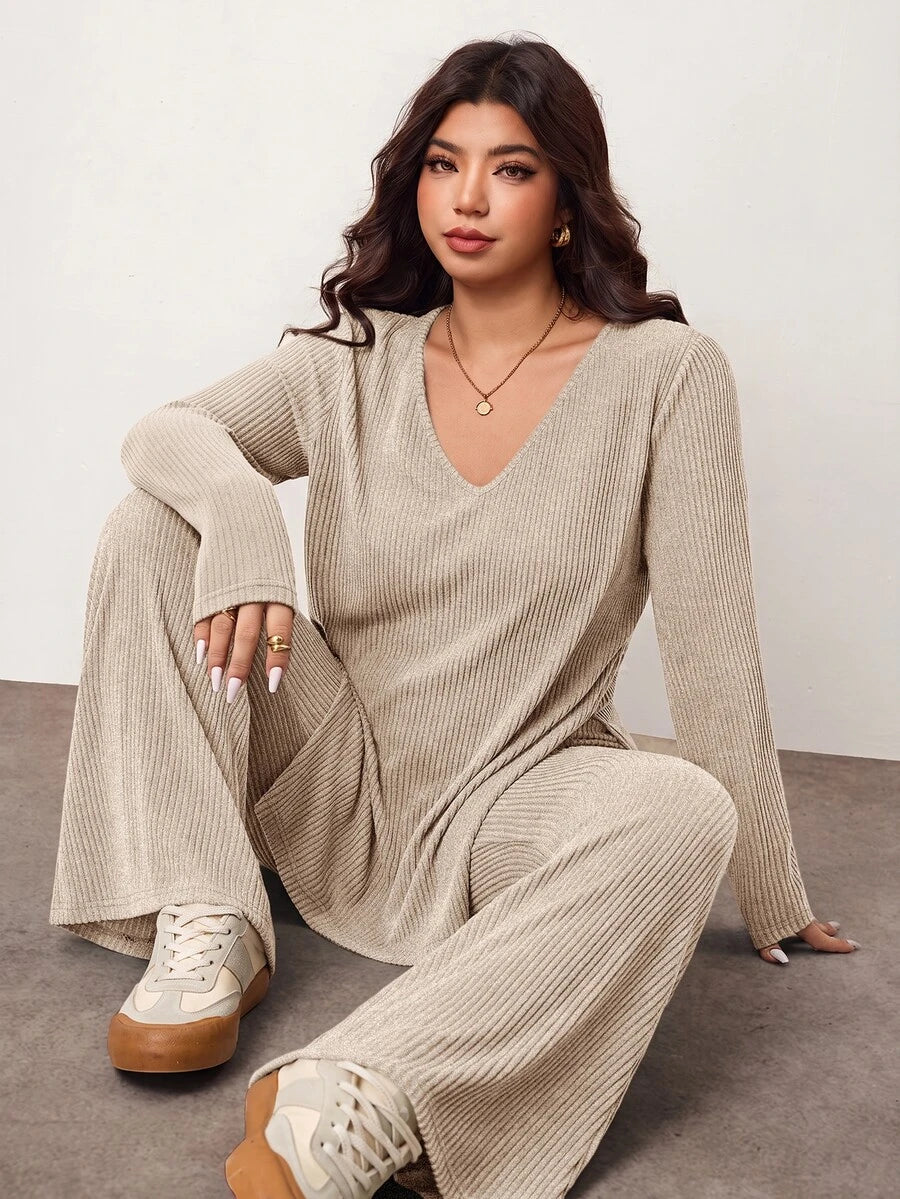 Enliva Plus Size Casual Home Wear 2 Pieces Set: Minimalist Off-Shoulder Ribbed Design, Suitable For Autumn/Winter, Flattering For Curvy Figures Fall