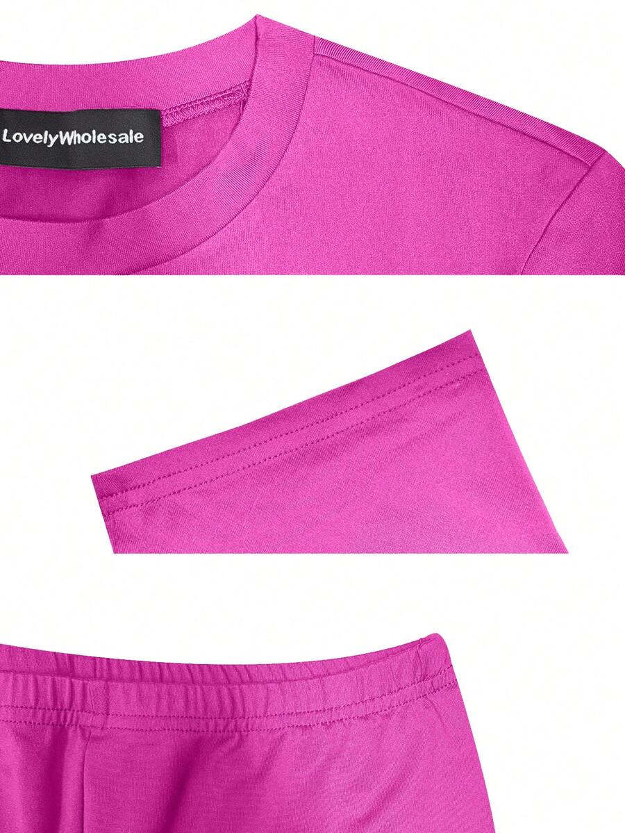 LovelyWholesale Women's Casual Crew Neck Short Sleeve Solid Color T-Shirt & 3/4 Length Pants Black 2 Pieces Set Summer Outfit Elegant