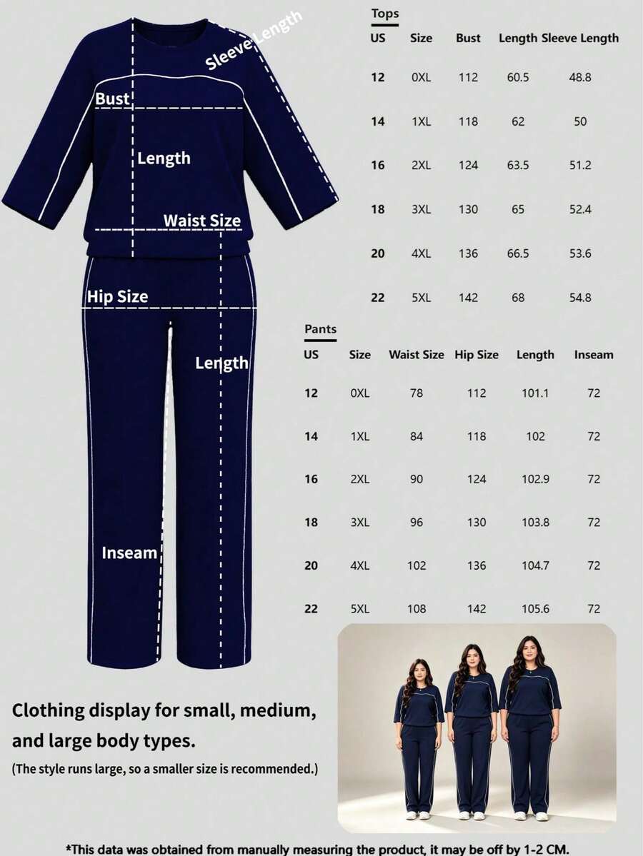 Spring/Autumn Plus Size Women's New Round Neck 3/4 Sleeve T-Shirt & Casual Daily Elastic Waist Loose Long Pants 2-Piece Set, Visual Concealing Elegant