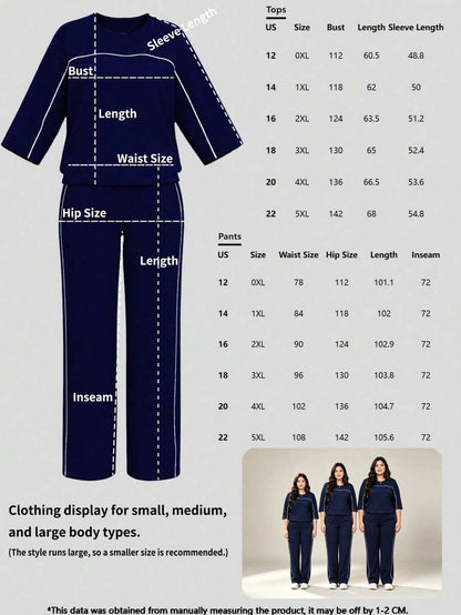 Spring/Autumn Plus Size Women's New Round Neck 3/4 Sleeve T-Shirt & Casual Daily Elastic Waist Loose Long Pants 2-Piece Set, Visual Concealing Elegant
