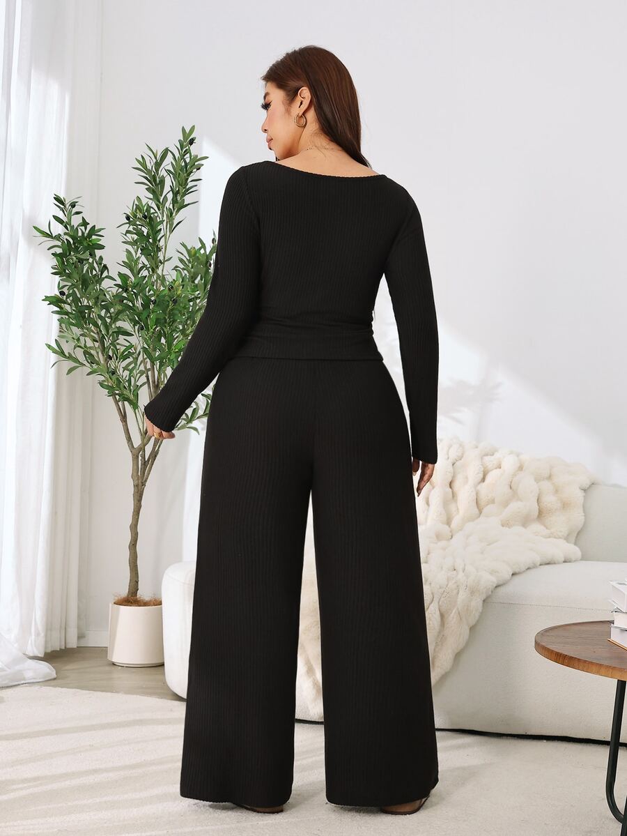 Solflare 2pcs Plus Size Textured Brown Pleated Long Sleeve Top And Pockets Pants Set Fall