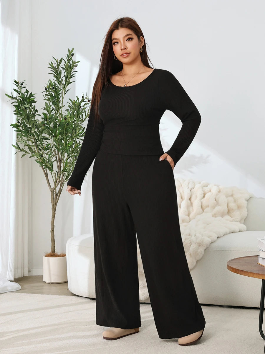Solflare 2pcs Plus Size Textured Brown Pleated Long Sleeve Top And Pockets Pants Set Fall