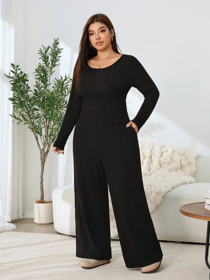 Solflare 2pcs Plus Size Textured Brown Pleated Long Sleeve Top And Pockets Pants Set Fall