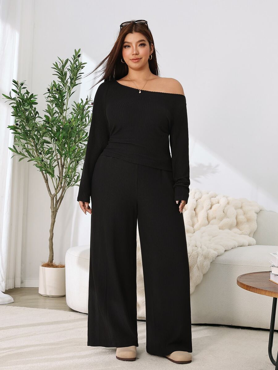 Solflare 2pcs Plus Size Textured Brown Pleated Long Sleeve Top And Pockets Pants Set Fall