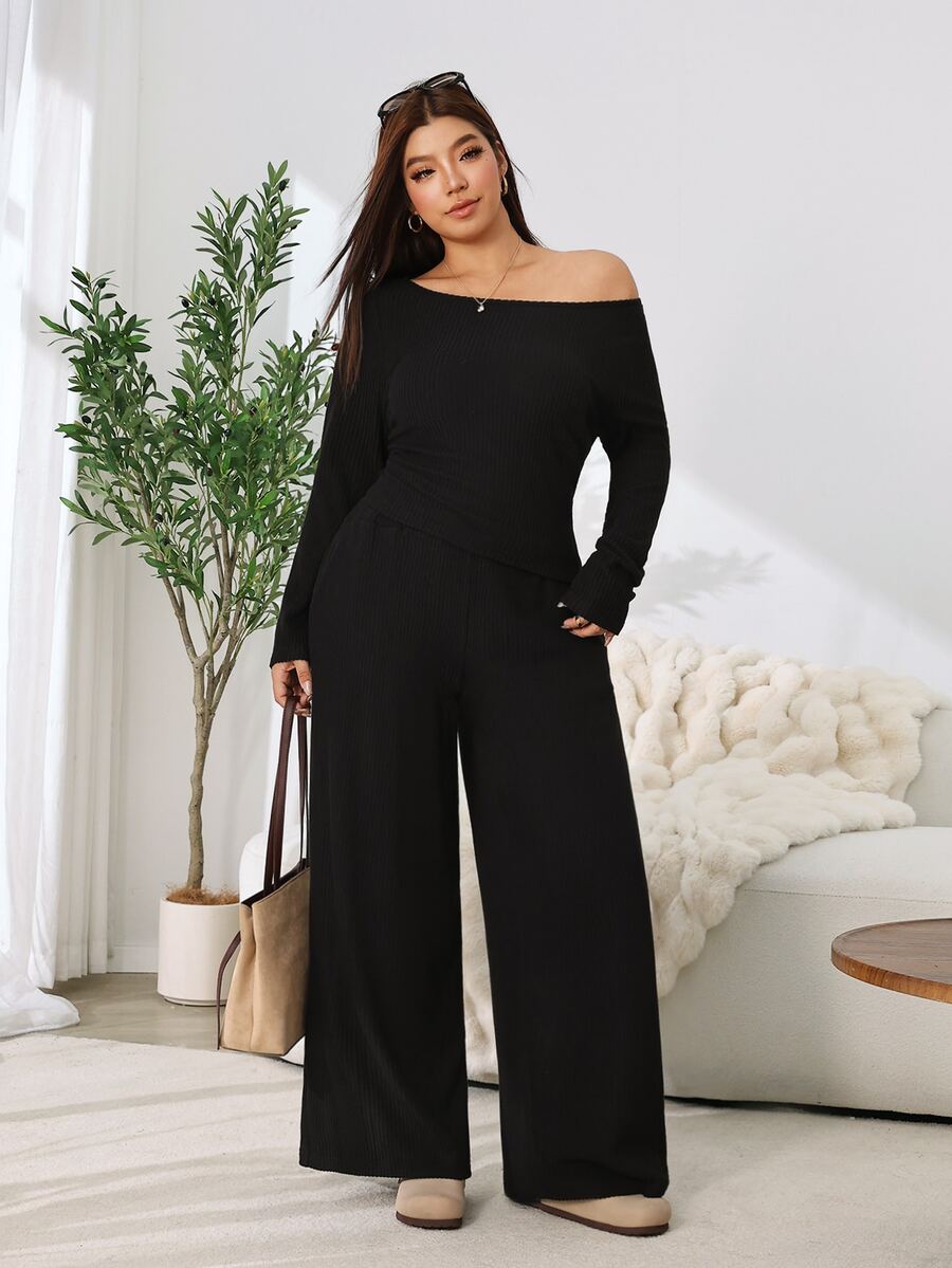 Solflare 2pcs Plus Size Textured Brown Pleated Long Sleeve Top And Pockets Pants Set Fall
