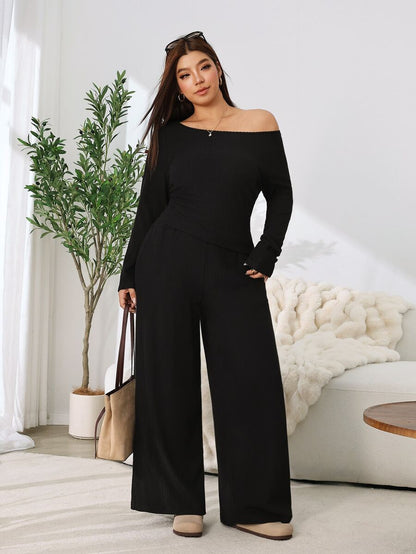 Solflare Plus Size Textured Long Sleeve Top And Loose Pants With Pockets 2 Pieces Set Fall