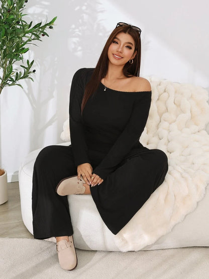 Solflare 2pcs Plus Size Textured Brown Pleated Long Sleeve Top And Pockets Pants Set Fall
