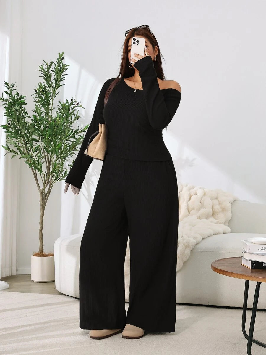 Solflare 2pcs Plus Size Textured Brown Pleated Long Sleeve Top And Pockets Pants Set Fall