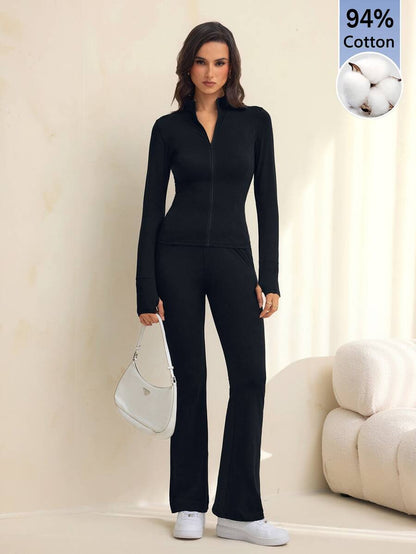 SHEIN Tall Women Shades Of Brown Long Sleeve Top And Fitted Pants 2 Pieces Set, Tall Women Gym Workout Autumn Casual
