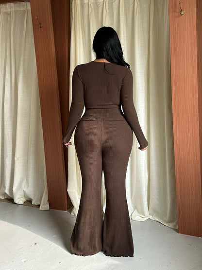GalTyme Plus Size Women's Casual Asymmetrical Hem Tie Top And Flared Leg Pants Set Fall