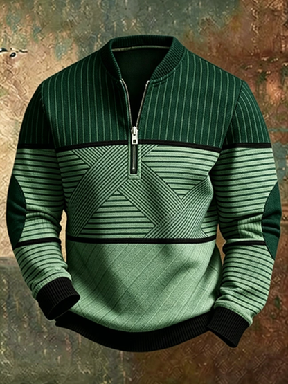 Green version of the half-zip jumper in dark and pale shades, with black ribbed cuffs and hem and contrasting elbow patches. 5
