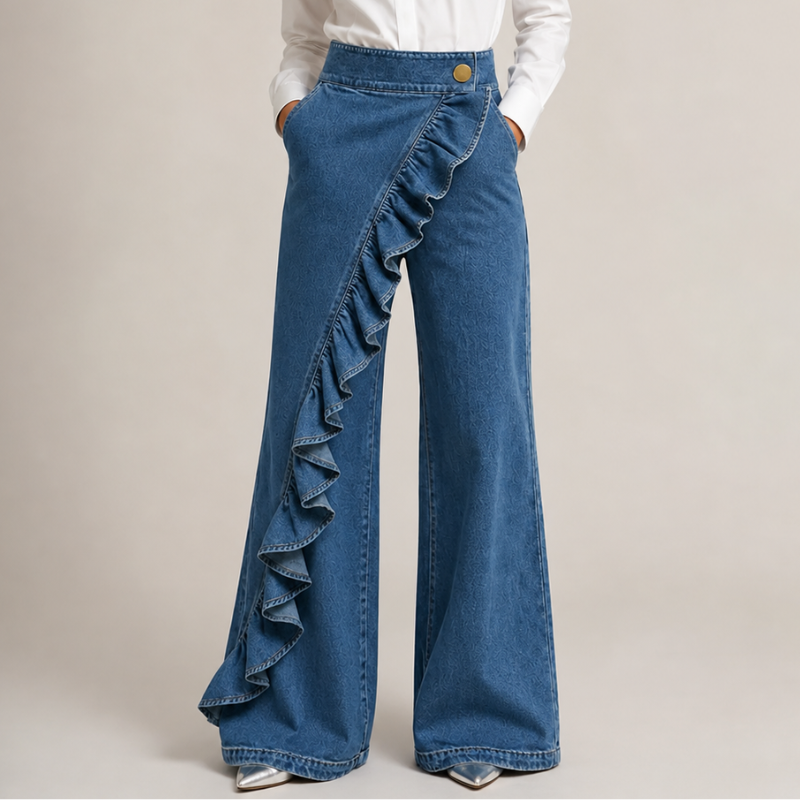 Front view of the mid-blue wide-leg denim trousers on a model in a white shirt, hands in pockets, with a diagonal ruffle. 1