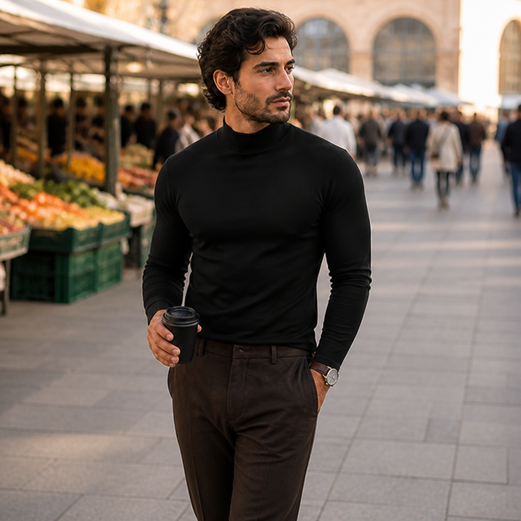 Close-up of the black tee on a model walking past a market, holding a takeaway coffee cup. 2