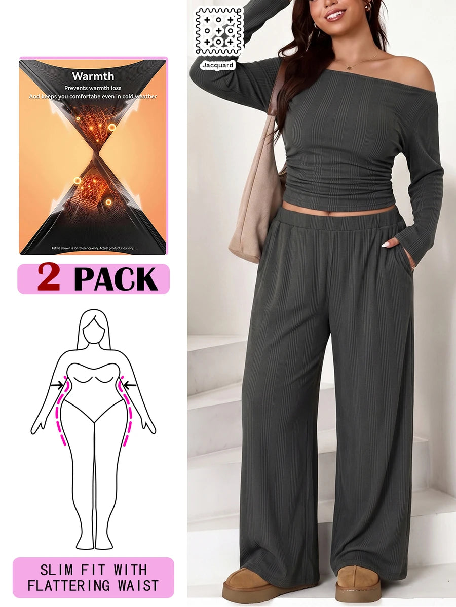 Solflare Plus Size Textured Long Sleeve Top And Loose Pants With Pockets 2 Pieces Set Fall