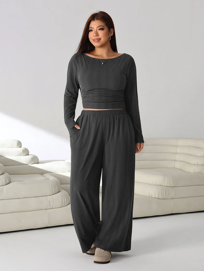 Solflare Plus Size Textured Long Sleeve Top And Loose Pants With Pockets 2 Pieces Set Fall