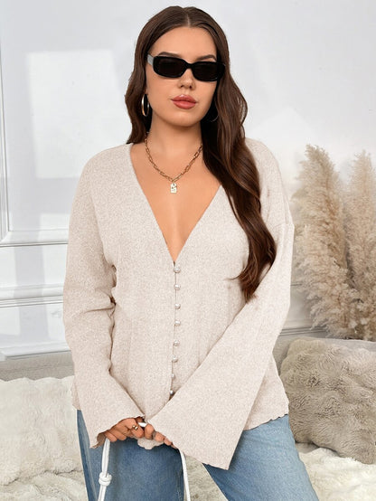 SHEIN Frenchy Plus Size Faux Pearl Button Deep V-Neck Long-Sleeved Knitted Coat, Spring Casual Mother's Day, Fall/Winter