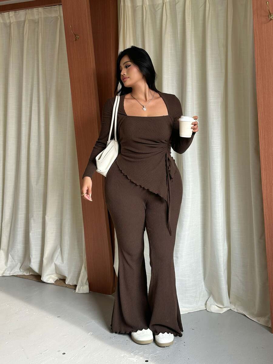 GalTyme Plus Size Women's Casual Asymmetrical Hem Tie Top And Flared Leg Pants Set Fall