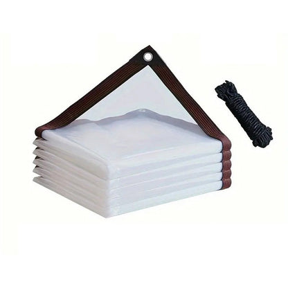 Stack of folded clear tarpaulins with brown-edged corners and an eyelet, shown beside a coil of black rope. 10