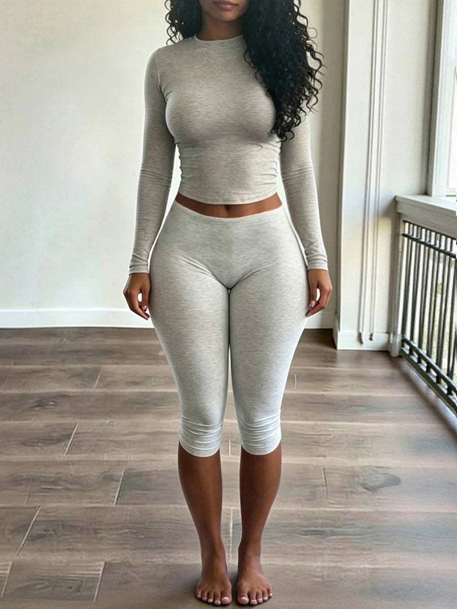 INAWLY Solva Women's Solid Color Crew Neck Long Sleeve T-Shirt And Leggings 2-Piece Set