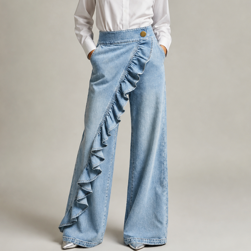 Light-wash blue pair seen from the front, worn with a white shirt and both hands in pockets, showing the gold button waist. 4