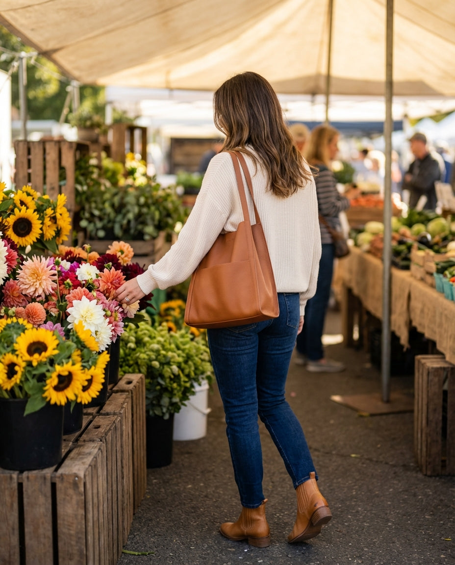 Woman seen from behind at a flower market, carrying the tan leather tote on her shoulder with jeans, cream jumper and ankle boots. 2