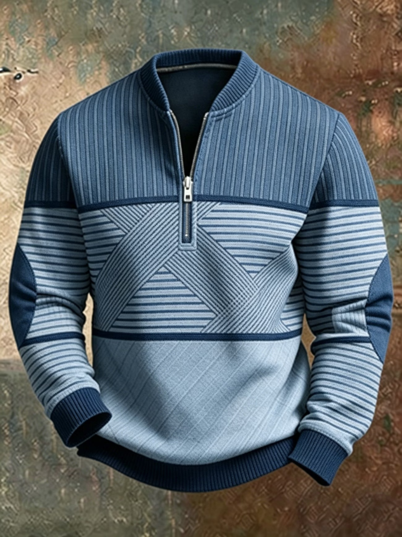 Blue version of the half-zip jumper in two tones, with ribbed collar, striped panels and elbow patches. 3