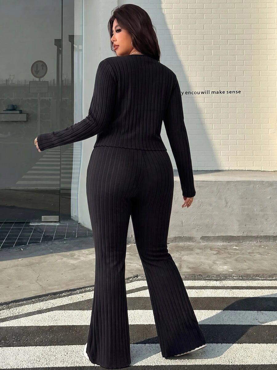 GalTyme Plus Size Women's Casual Asymmetrical Hem Tie Top And Flared Leg Pants Set Fall