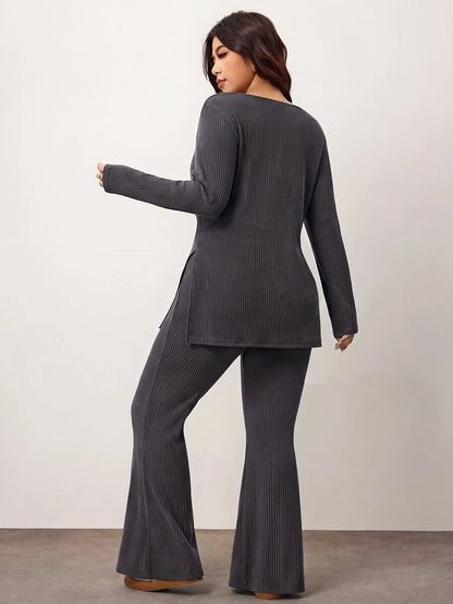 Enliva Plus Size Casual Home Wear 2 Pieces Set: Minimalist Off-Shoulder Ribbed Design, Suitable For Autumn/Winter, Flattering For Curvy Figures Fall