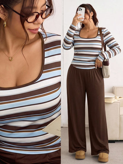 Lounesse Plus Size Women Solid Color Square Neck Long Sleeve T-Shirt And Pants Casual 2 Pieces Set Casual Daily Going Out 2 Pieces Sets Casual School Outfit Set