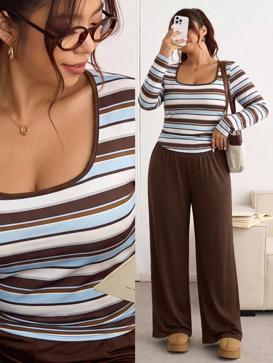 SHEIN Frenchy Plus Size Women Square Neck Black Long Sleeve T-Shirt And Wide Leg Pants Casual 2 Piece Set Formal Office Holiday Holiday Autumn Fall