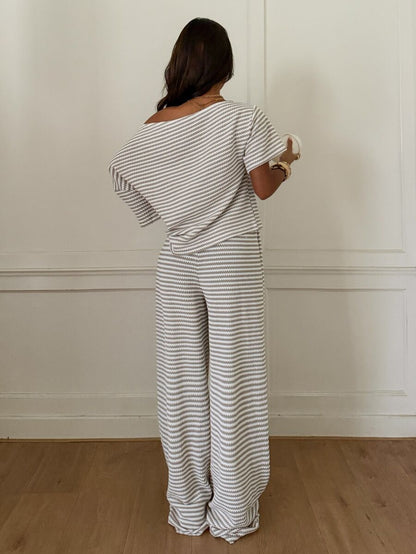 Siren Gaze Women's Fall White Casual Striped Asymmetric Collar T-Shirt Pants 2 Pieces Set Back To School Going Out Y2k Basic Streetwear Gym Halloween Sports Gym