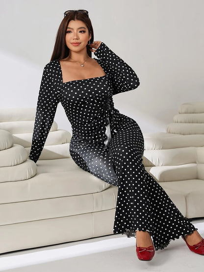 GalTyme Plus Size Women's Casual Asymmetrical Hem Tie Top And Flared Leg Pants Set Fall