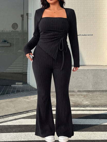 GalTyme Plus Size Women's Casual Asymmetrical Hem Tie Top And Flared Leg Pants Set Fall