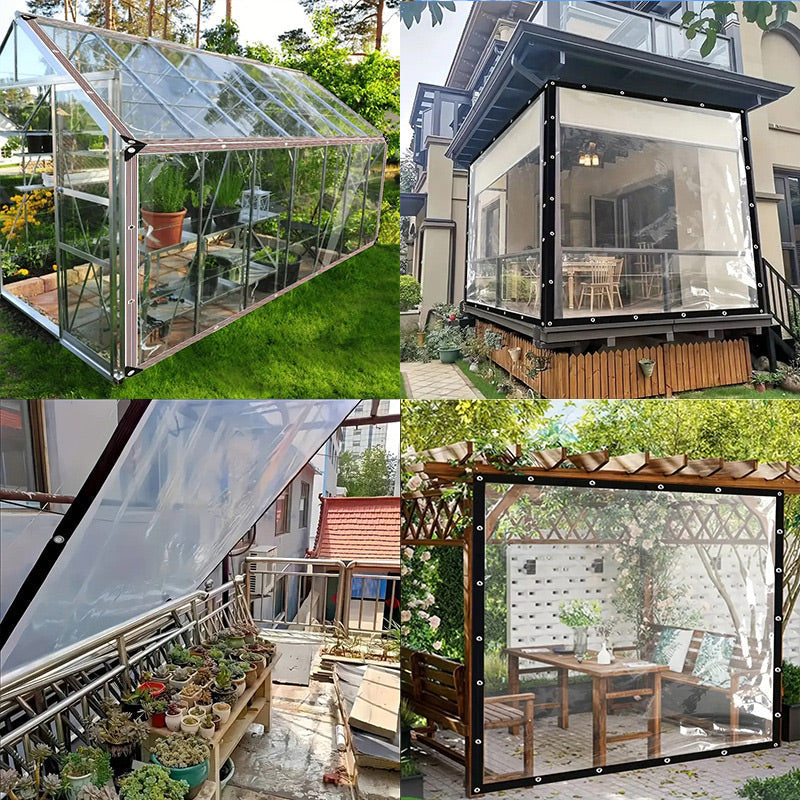 Four-part collage of the clear tarpaulin used to cover a greenhouse, a porch, a balcony plant shelf and a pergola seating area. 8