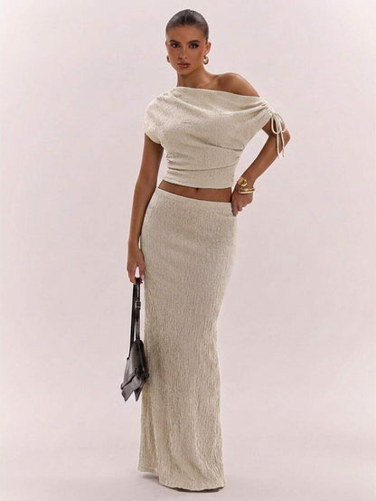 SHEIN BAE Women's Solid Color Asymmetrical Neck Top And Skirt Casual 2 Pieces Set