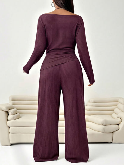 Solflare Plus Size Textured Long Sleeve Top And Loose Pants With Pockets 2 Pieces Set Fall