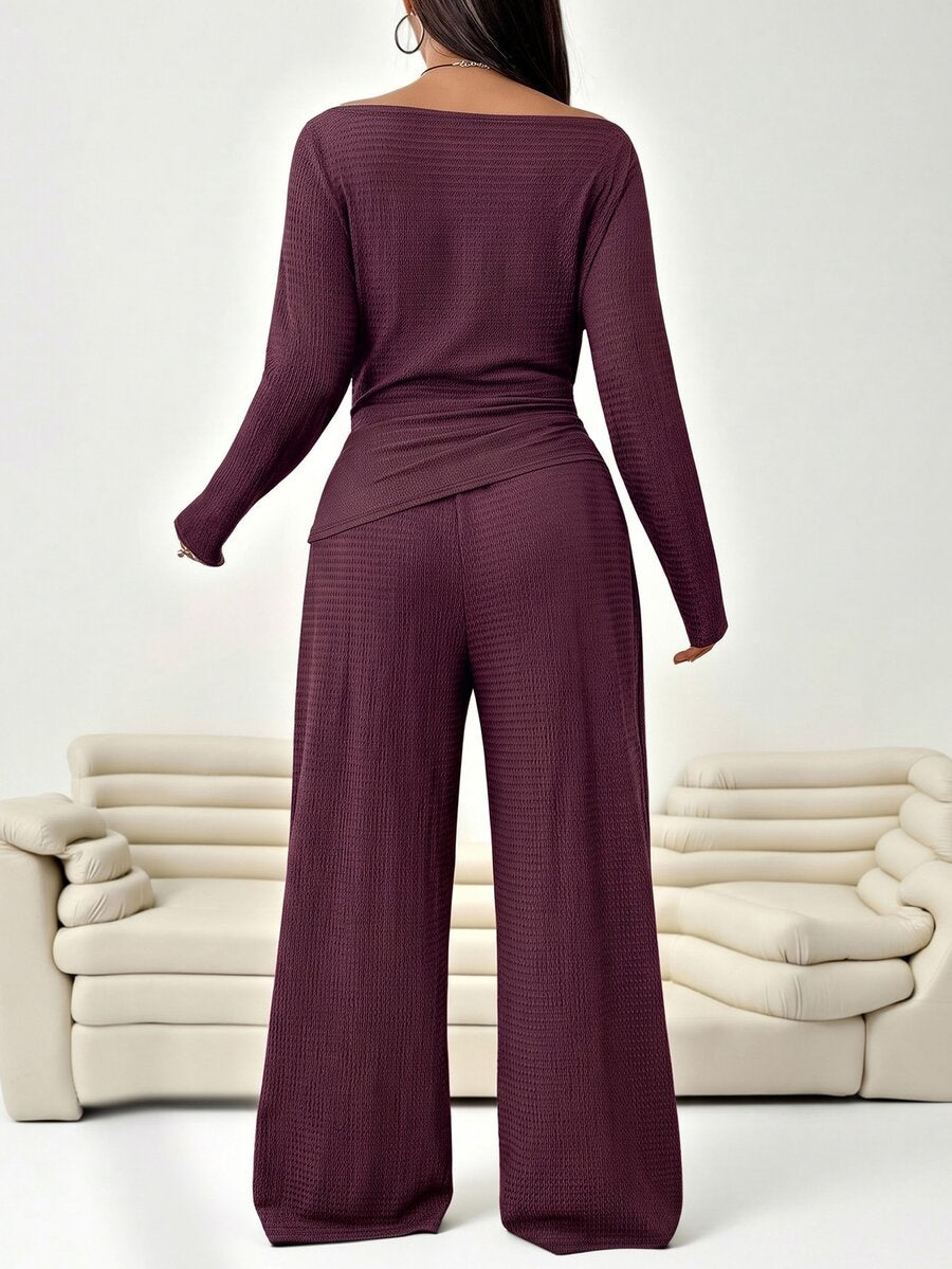 Solflare 2pcs Plus Size Textured Brown Pleated Long Sleeve Top And Pockets Pants Set Fall