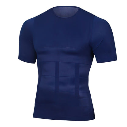 Navy blue version of the short-sleeved compression top shown flat from the front, with a crew neck and shaping panels across the abdomen. 3