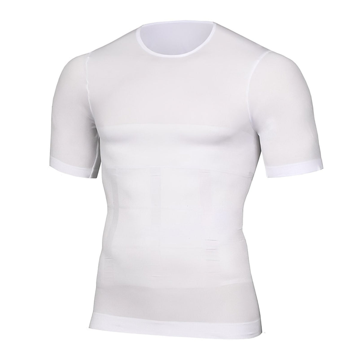 White version of the short-sleeved compression top shown flat from the front, with a round neck and faint shaping panels across the midsection. 2
