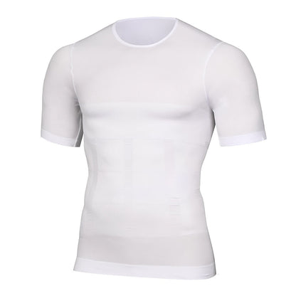 White version of the short-sleeved compression top shown flat from the front, with a round neck and faint shaping panels across the midsection. 2