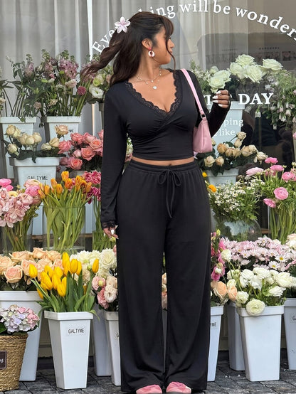 GalTyme Plus Size Contrast Color Long Sleeve Top & Pants 2 Pieces Set,Cerise Pink,Autumn,Smart Casual,Everyday,Chic Elegant Y2k Party Christmas Vacation Fall