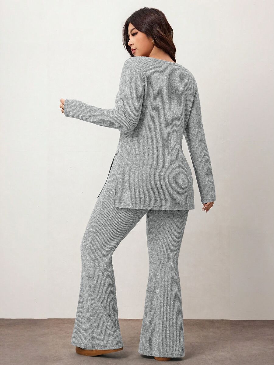 Enliva Plus Size Casual Home Wear 2 Pieces Set: Minimalist Off-Shoulder Ribbed Design, Suitable For Autumn/Winter, Flattering For Curvy Figures Fall