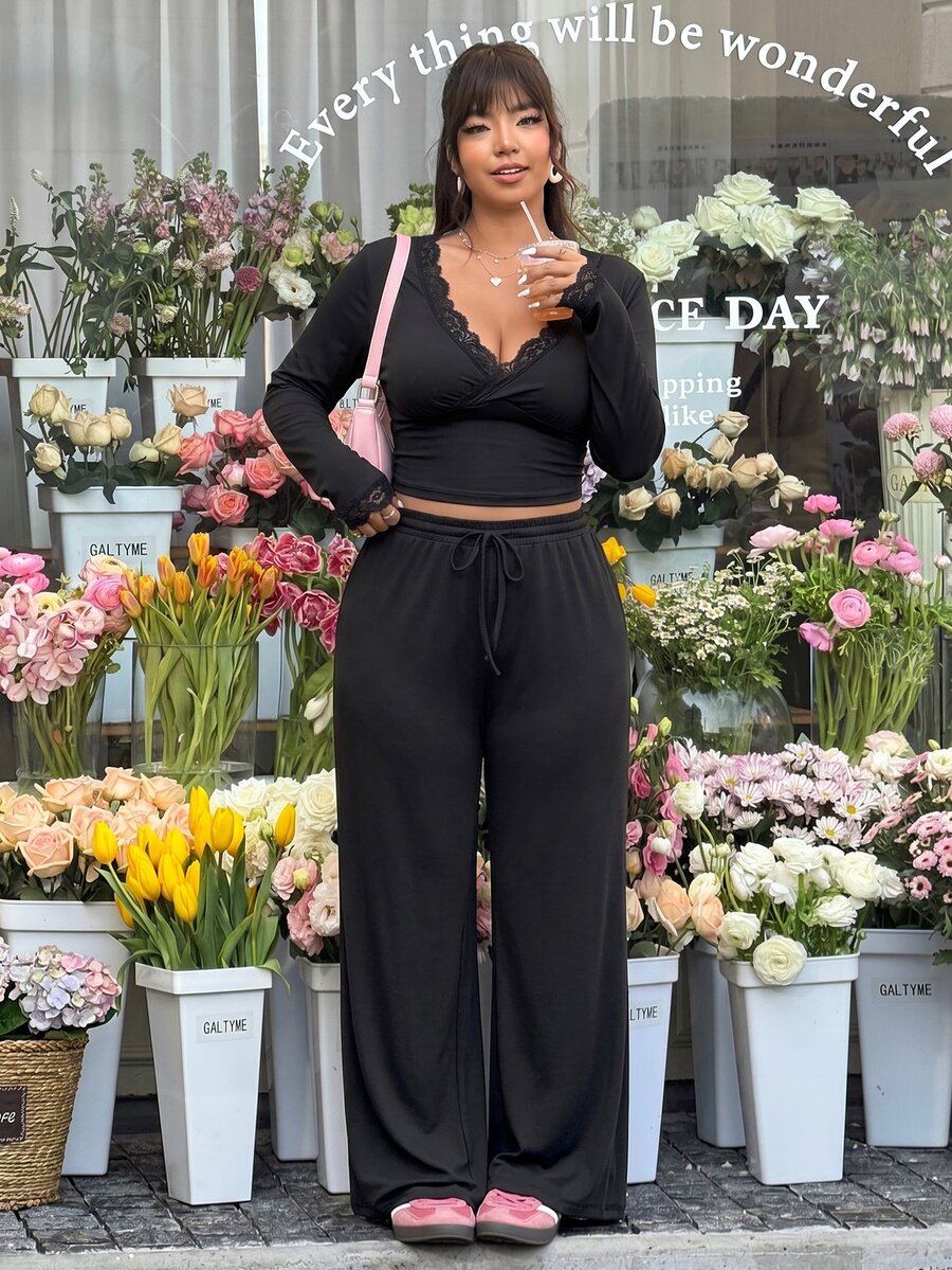 GalTyme Plus Size Contrast Color Long Sleeve Top & Pants 2 Pieces Set,Cerise Pink,Autumn,Smart Casual,Everyday,Chic Elegant Y2k Party Christmas Vacation Fall