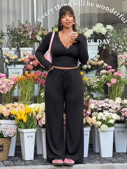 GalTyme Plus Size Contrast Color Long Sleeve Top & Pants 2 Pieces Set,Cerise Pink,Autumn,Smart Casual,Everyday,Chic Elegant Y2k Party Christmas Vacation Fall