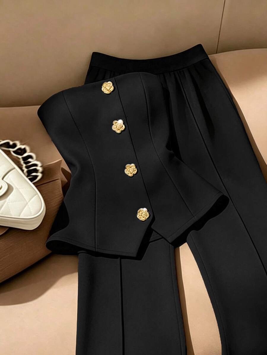 SHEIN Franclia Elegant White Cinched Waist Bandeau Top And Wide Leg Pants Set, Wrinkle-Resistant Draping Slimming Two Pieces Outfit For Office, Commute, Interview, Business, French Luxury Style With White Metal Buckle Bandeau Top + Wide Leg Pants, Suitabl