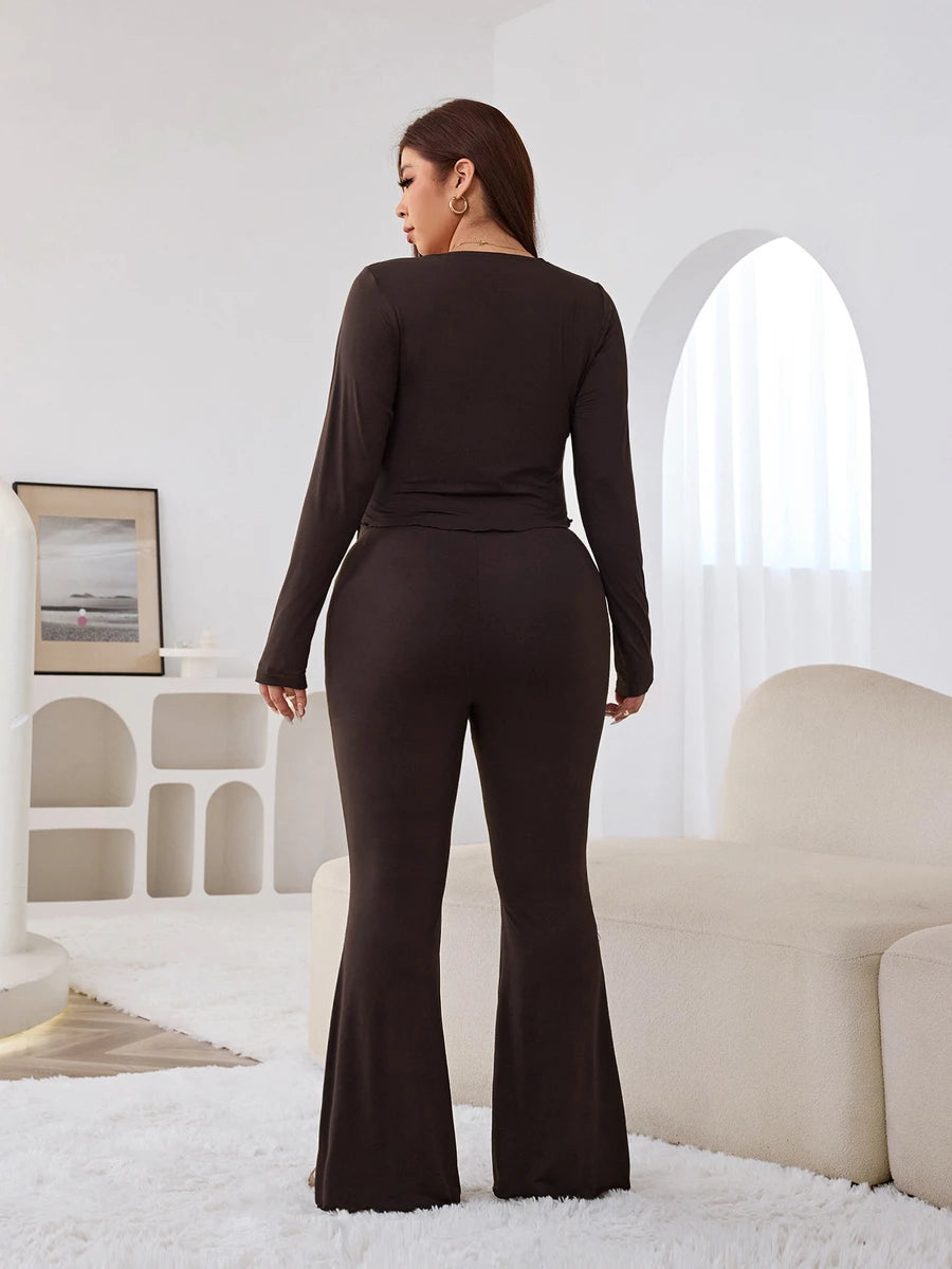 GalTyme Plus Size Women's Casual Asymmetrical Hem Tie Top And Flared Leg Pants Set Fall