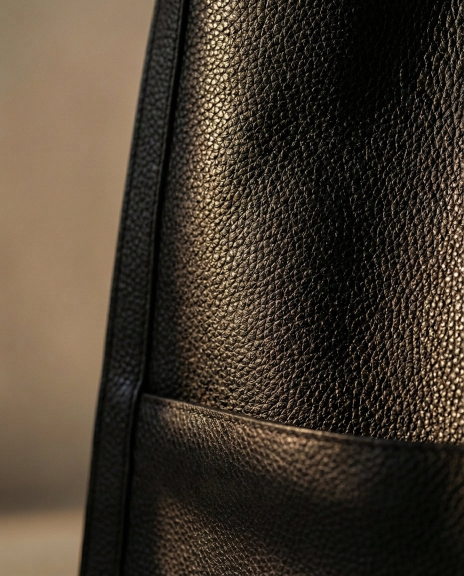 Close-up of black grained leather showing the pebbled texture, a stitched edge and the top of the front pocket. 3