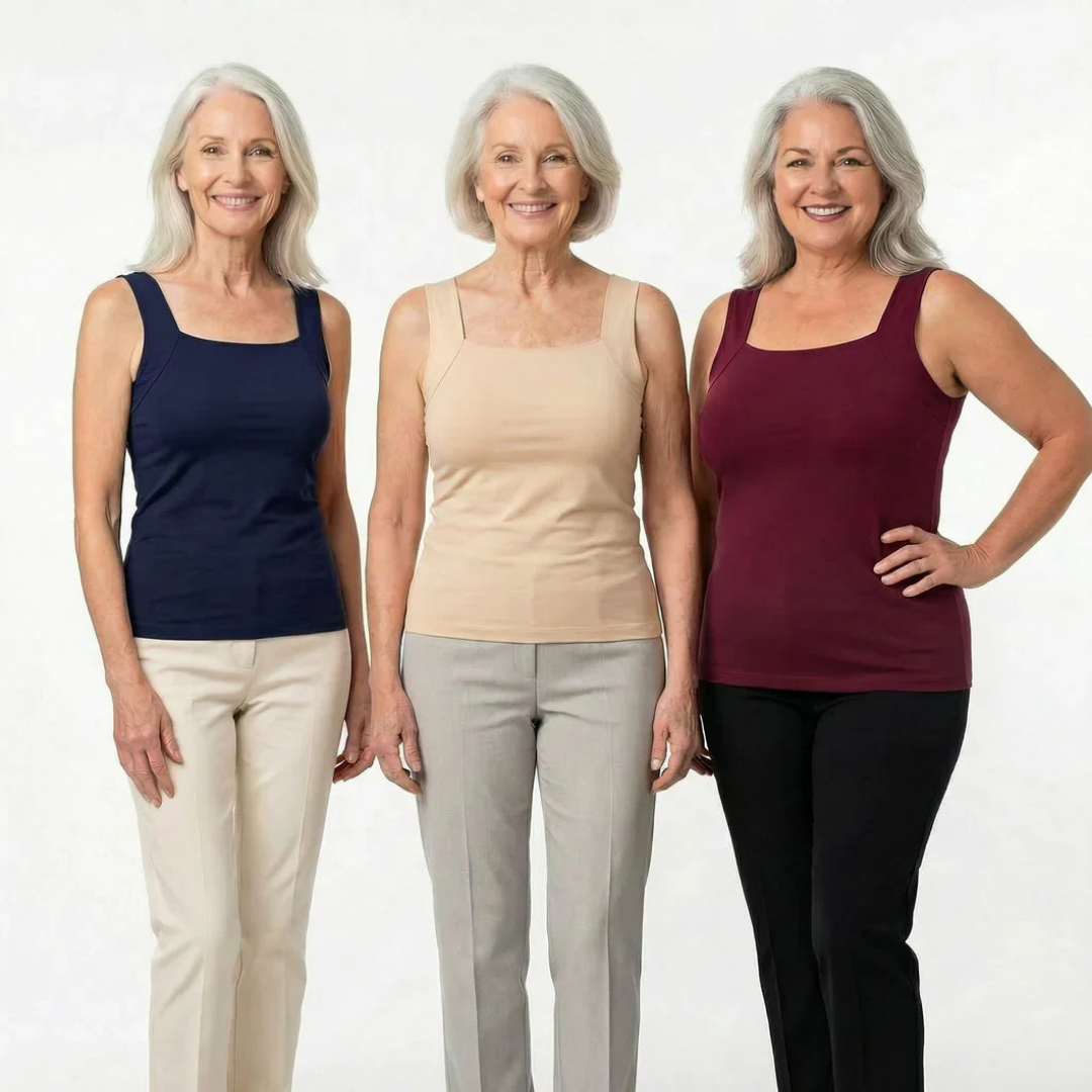 Three smiling women with grey hair stand together wearing square-neck sleeveless tops in navy, beige and burgundy with trousers. 9