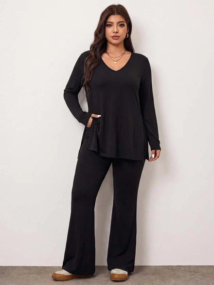 Enliva Plus Size Casual Home Wear 2 Pieces Set: Minimalist Off-Shoulder Ribbed Design, Suitable For Autumn/Winter, Flattering For Curvy Figures Fall