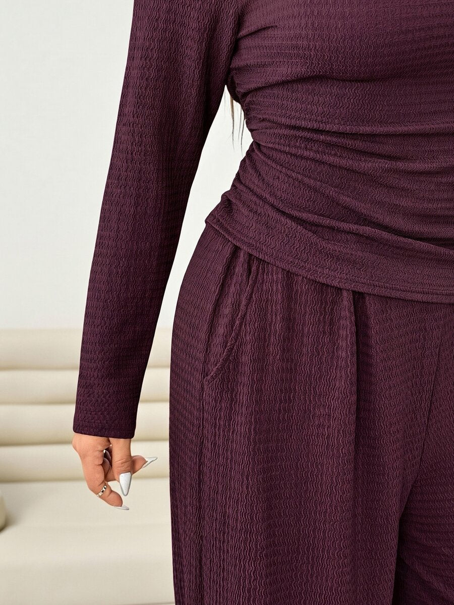 Solflare Plus Size Textured Long Sleeve Top And Loose Pants With Pockets 2 Pieces Set Fall